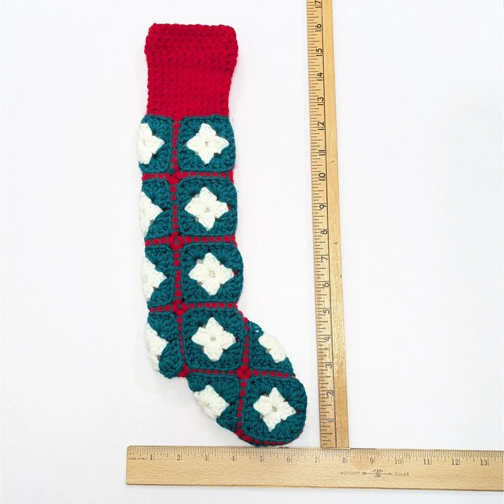 Vintage Granny Square Christmas Stocking Handmade Crochet Red Green White Yarn